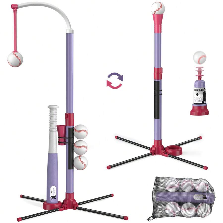 3 In 1 T Ball Set - Adjustable Height, Hanging Tee Ball Set With Automatic Pitching Machine/6 Balls/Retractable Bat, T Ball Stand Suit For Outdoor, Sport Toys Gifts For Kids Girls Age 3+