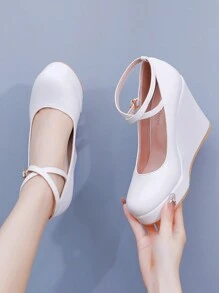 10cm White Round Toe Platform Ankle Strap Wedge Pumps High Heels, Fashionable Elegant Princess Wedding Bridal Shoes