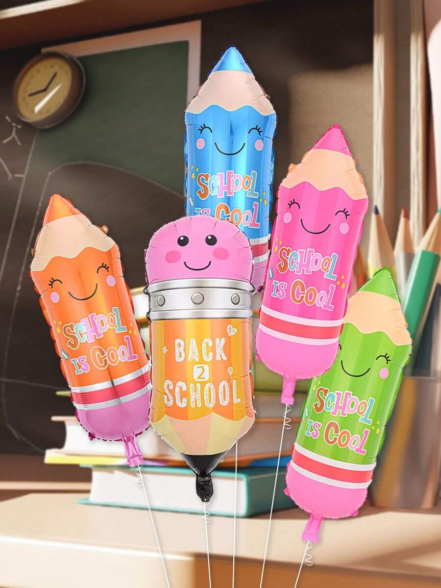 5入組卡通鉛筆造型鋁箔氣球，返校派對裝飾必備 - 彩色 - 查看 1