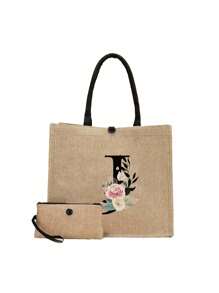 2件套简约花卉字母印花亚麻手提包，简约旅行包，化妆包，大容量旅行化妆包，多功能便携手提包，教师节礼物，感谢礼物，女士礼物，适合度假、海滩、旅行、通勤、商务、学生、野餐、露营、超市购物、日常收纳（肩带方向随机），最佳教师节礼物，海滩度假必备，最佳教师节礼物 - 卡其色 - 查看 17