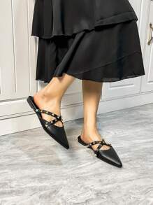 Women's Studs Leather Belt, Slouchy Chain Belt Buckle, Half Support Wide Band, Metal Buckle, Summer, Fashionable, French Vintage, Black Pointed Toe Flat Shoes