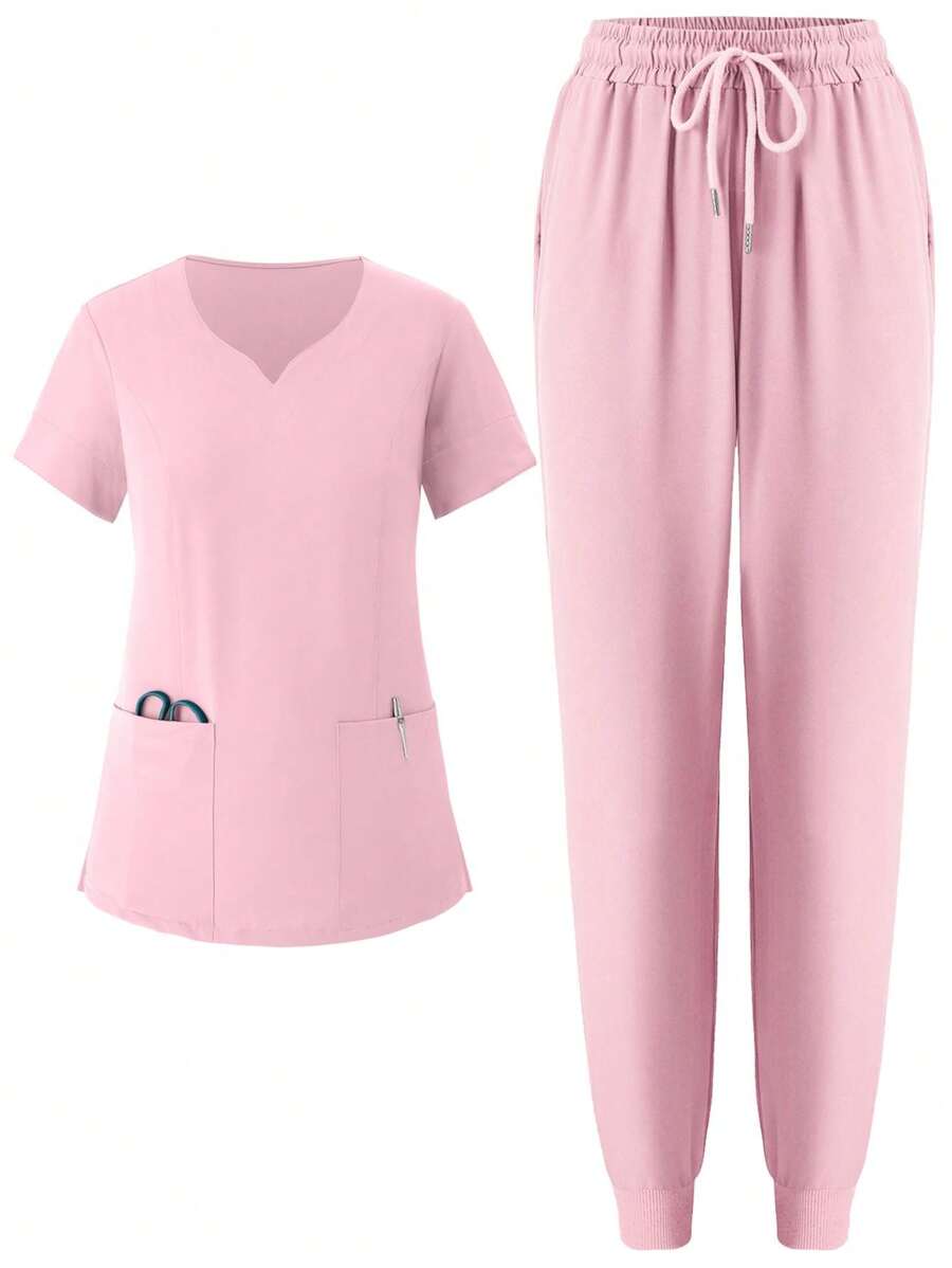 Bộ đồ y tế nữ co giãn, chất liệu mờ, có túi, thoáng khí, thích hợp cho đồng phục y tá, quần áo lao động và rửa tay. - Hồng - Xem 1