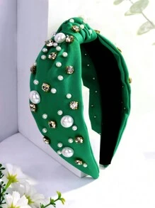 Royal 1件装女士宽版仿珍珠时尚水钻发箍，复古发饰，简约纯色设计，发带，发箍头饰