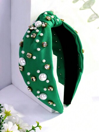 1 pieza Diadema ancha de mujer de tela con perlas falsas y cristales de moda, accesorios de pelo vintage con diseño de unicolor simple, diadema, aro para el cabello