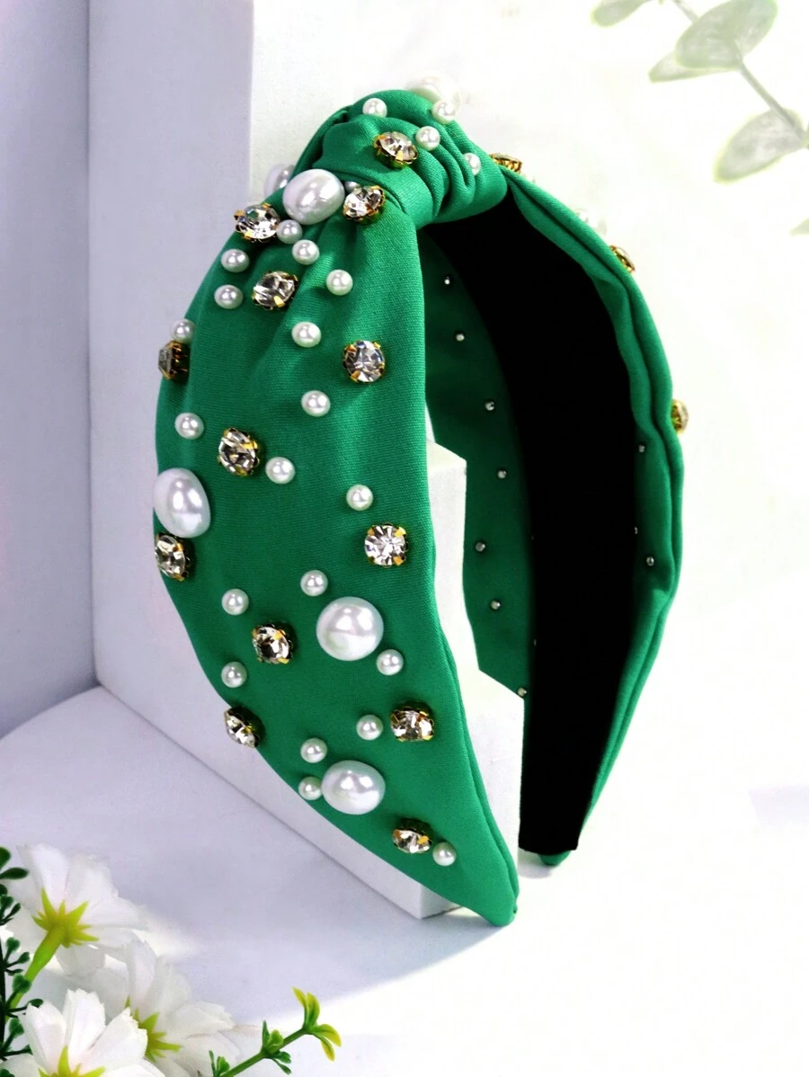 Royal 1件装女士宽版仿珍珠时尚水钻发箍，复古发饰，简约纯色设计，发带，发箍头饰