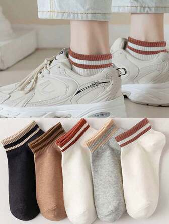 5pairs Women Two Tone Casual Ankle Socks For Daily Decoration