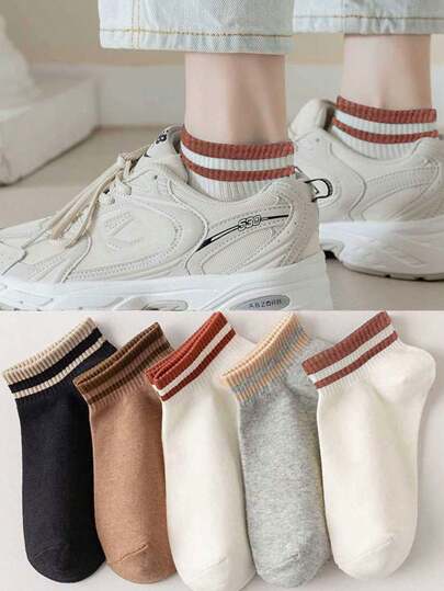 5双装女士双色休闲踝袜，适合日常装饰