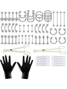 13/64/74/134 件一次性身体穿刺工具套件，含 16g 不锈钢穿刺针、穿刺钳、唇环/微针环/鼻环/舌环/肚脐环 - 銀色 - 查看 4