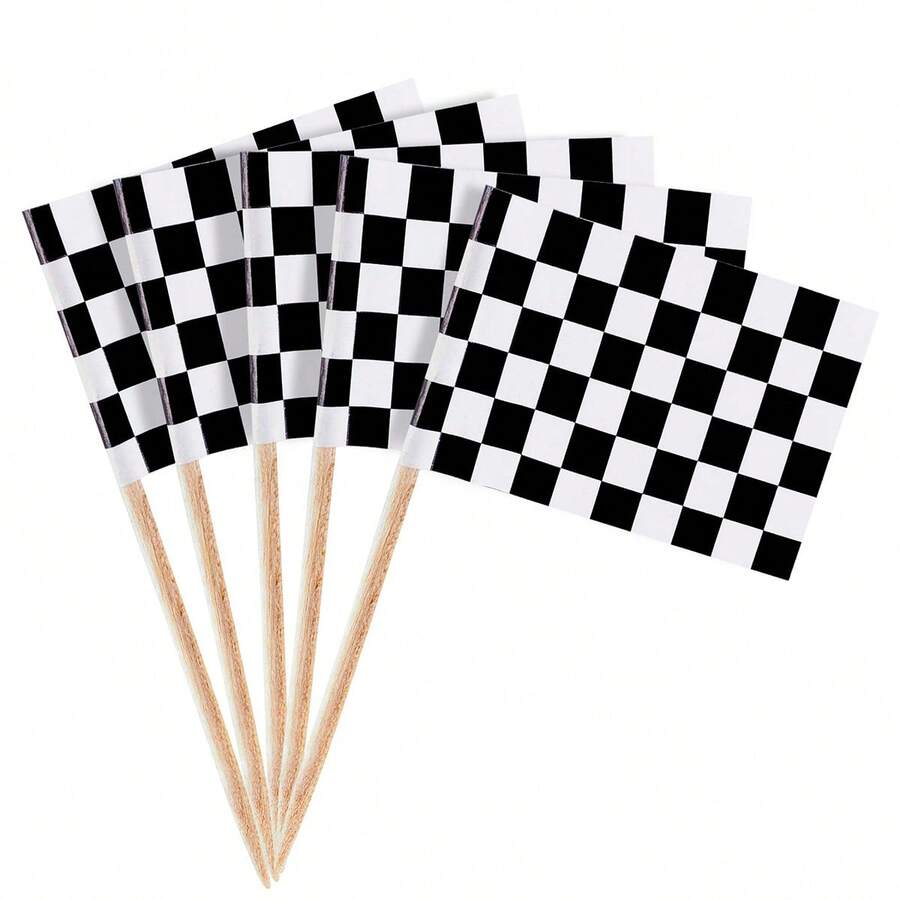 100pcs Grid Race Checkered Flags Picks, Disposable Cupcake Decoration Picks, Mini Fruit Toothpick Flags, Party Dessert Table Decor, Dinner Flag Car Racing Party Supplies - Checkerboard Signs 100PCS - View 1
