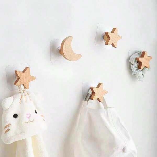1pc Solid Wood Wall Hook, Wall Hanging Clothes Hook, Star Moon Cloud Cartoon Hook(Delivery Of Two Types Of Installation Accessories: Punching And No-Drill )