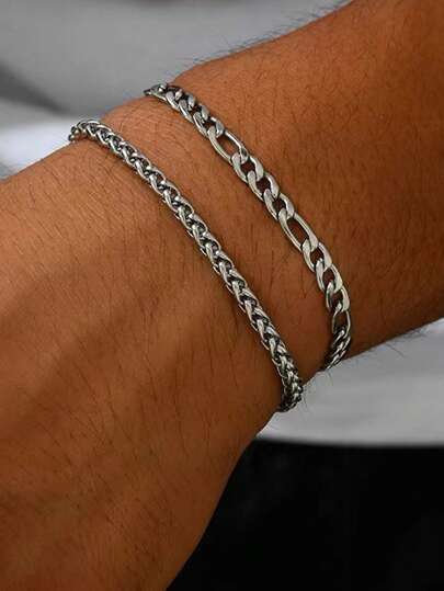 2pcs Men's 304 Stainless Steel Bracelet Set, Classic & Wheat Link Chain, Minimalist Streetwear Jewelry, Durable & Tarnish-Resistant Daily Accessory