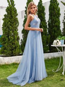 Cold Shoulder Mesh Appliques Wedding Dress - Baby Blue - View 3