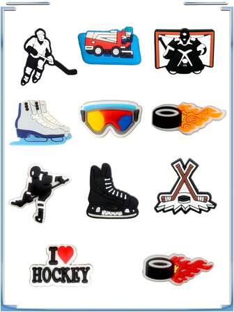 11Pcs Ice Hockey Series DIY Charms For Shoe Key Chain Sandals Beach Bags, PVC Shoe Charms For Clogs Premium Quality Popular Decorations Accessories Great Gifts For Christmas, Birthday, Party