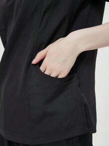 Pijama Uniforme Antifluidos Mujer Y Conjunto top de manga corta con pantalones, Enfermeras uniformes de verano de manga corta separa traje de enfermería uniformes de enfermería traje de lavado a mano ropa elástica de secado rápido top de manga corta con pantalones - Negro - Ver 5