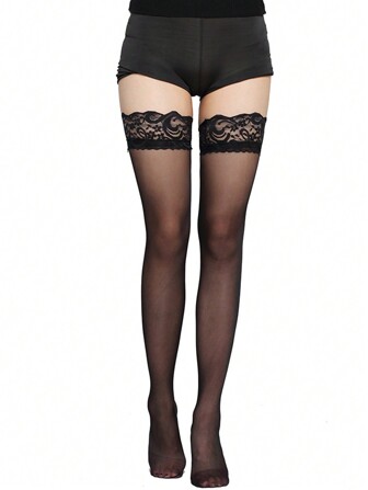 1pc Ultra-Thin Lace Trim Ladies Sexy Thigh High Stockings, Multi-Colors Available
