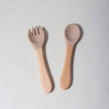 Set de cuchara y tenedor de silicona con mango de madera para bebé, para entrenamiento de alimentación y juego de cubiertos independiente para niños