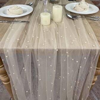 A Romantic Pearl Lace Table Runner For Wedding Arch Decoration, Bridal Shower Party Decor, Table Cloth For Reception Banquet, Ideal For Events, Embroidery, Wrinkle-Free, White Dessert Table