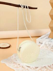 [迷你尺寸] 1 件直径 4.72 英寸平纹编织圆形拉链斜挎包，多种颜色，适合度假、日常使用和女孩 - A - 查看 6