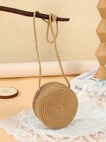 [迷你尺寸] 1 件直径 4.72 英寸平纹编织圆形拉链斜挎包，多种颜色，适合度假、日常使用和女孩 - A - 查看 7