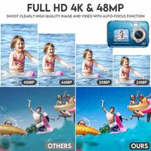 Nicamery 4K Waterproof Camera Underwater Camcorder With 32GB Card, Adapter, Dual Screen Selfie, 48MP 16X Digital Zoom Camcorder With Fill Light, 11FT Underwater Camera For Teenage Snorkeling, With 2 Batteries