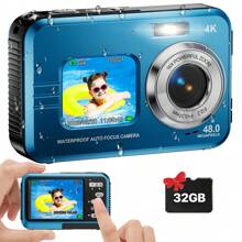 Nicamery 4K Waterproof Camera Underwater Camcorder With 32GB Card, Adapter, Dual Screen Selfie, 48MP 16X Digital Zoom Camcorder With Fill Light, 11FT Underwater Camera For Teenage Snorkeling, With 2 Batteries