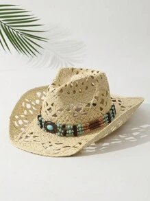 1 pieza Sombrero de vaquero estilo oeste de verano para viajes con impresión de ala ancha teñido decorativo turquesa unisex, sombrero de playa perforado para una mejor ventilación y con banda decorativa con cuentas tejida a mano, sombrero de paja - Multicolor1 - Ver 3