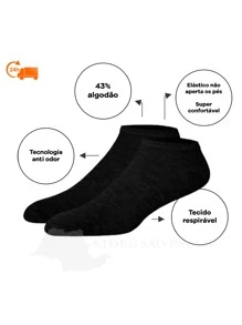 Kit 12 Men's Black Socket Socket Cotton Short Tube - 黑色 - 查看 1