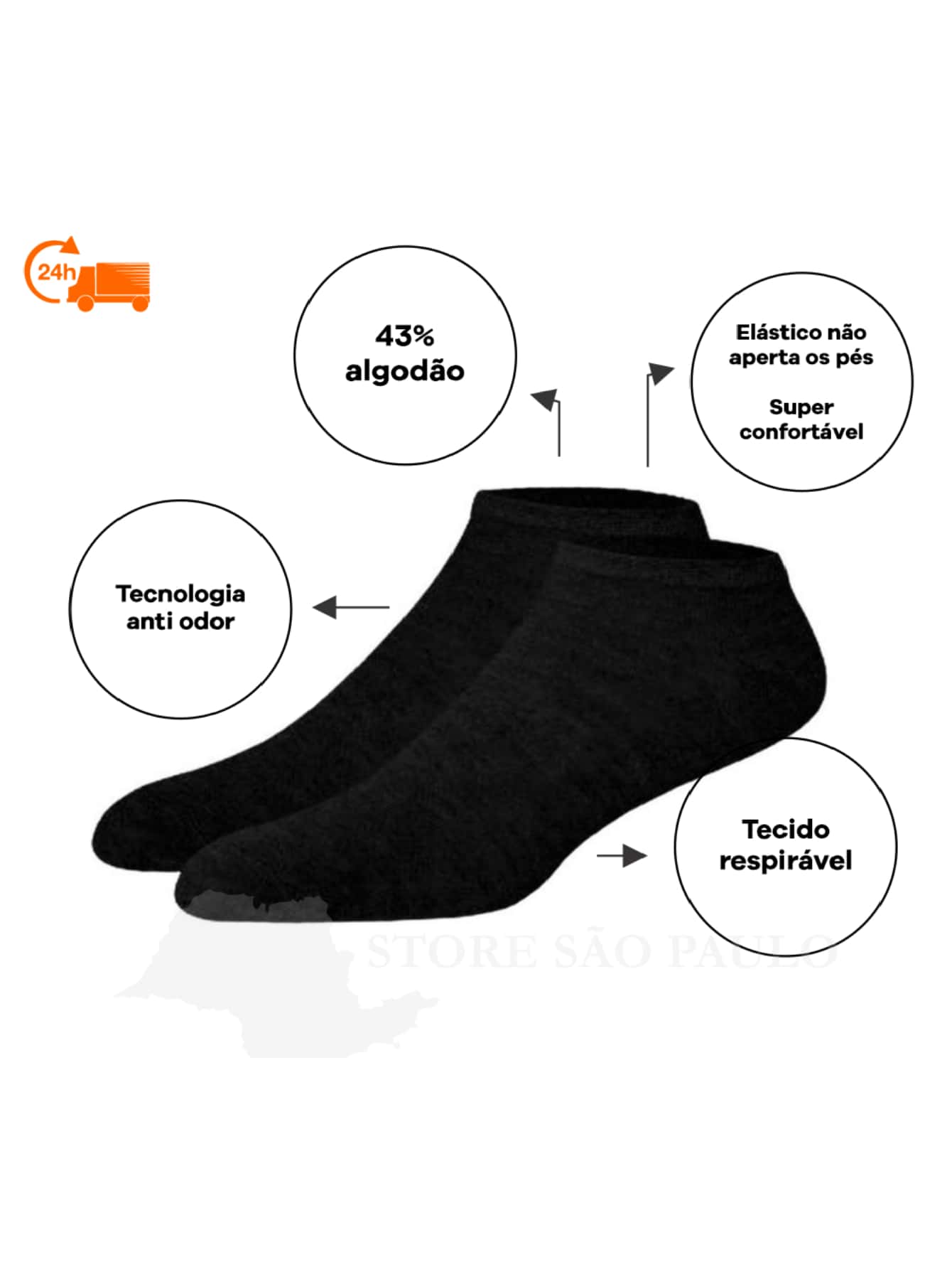 Kit 12 Men's Black Socket Socket Cotton Short Tube - 黑色 - 查看 1