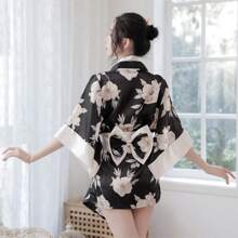 parte superior informal, ajuste relajado y pares cómodos bien con todos los fondos básicos, Camisón estilo estampado de Retro De Mujer Kimono Japonés largo con cinturón - Amarillo - Ver 6