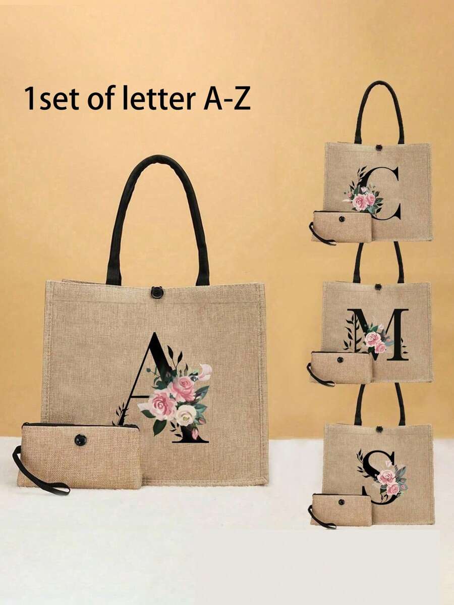 2件套简约花卉字母印花亚麻手提包，简约旅行包，化妆包，大容量旅行化妆包，多功能便携手提包，教师节礼物，感谢礼物，女士礼物，适合度假、海滩、旅行、通勤、商务、学生、野餐、露营、超市购物、日常收纳（肩带方向随机），最佳教师节礼物，海滩度假必备，最佳教师节礼物 - 卡其色 - 查看 1