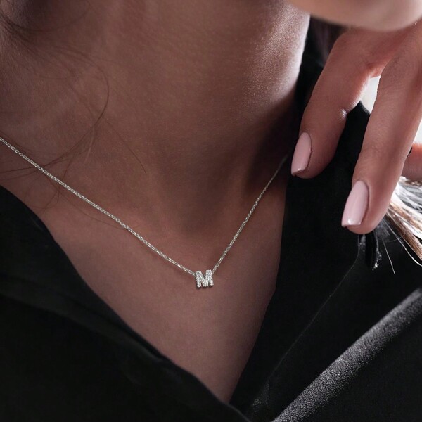1pc Classic Initial Silver Color Stainless Steel Chain Necklace For Women
