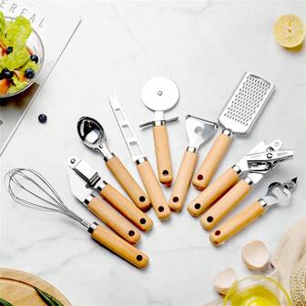 Kitchen Tools Set With Wooden Handle, Stainless Steel Whisk, Cheese Grater, Pizza Cutter, Garlic Press, Can Opener, Zester, Ice Cream Scoop, Melon Baller, Cooking Utensils For Baking