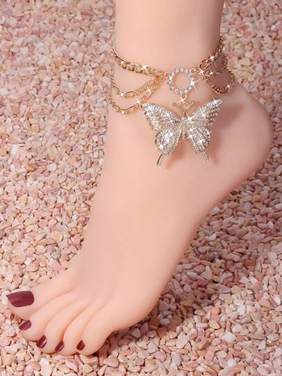 1pc Multi-Layer Full Rhinestone Big Butterfly Ankle Chain, Suitable For Party, Birthday, Wedding Wear By Women