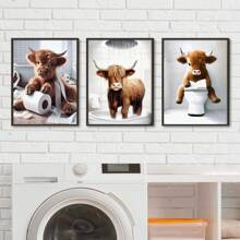 3pcs Scottish Highland Cow Funny Bathroom Print, Farm Animal Humor, Whimsical Highland Cow Lover Gift, Wall Canvas Art, Vintage Western Home Decor , Cottagecore Posters For Room, Funny Wall Decor , Room Decor Aesthetic, Room Decoration Stuff