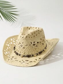 1pc Unisex Belt Decor Dyeing Wide Brim Printed Summer Travel Shade Western Style Cowboy Hat Cowgirl Hat Beach Hat Hollow Breathable With Beaded Trim Band Hand Woven Sun Hat Straw Hat - Multicolor 2 - View 3