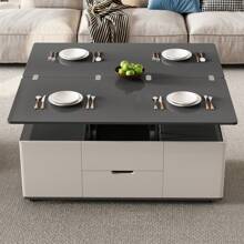 Lift Top Coffee Table With 4 Stools, 3 In 1 Multi-Function Center Table, Modern Lift Tabletop Coffee Table, Extendable Dining Table For Living Room, Guyii - Light Grey - View 3