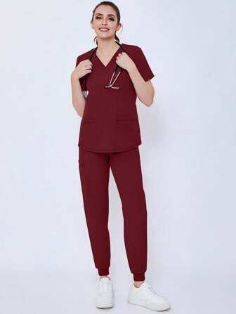 Women's Running Matte Stretch Nurse/Doctor Uniform Scrub Workwear With Pockets And Breathable Brushed Cloth Hand Protection Clothing Set