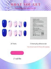 24 piezas de uñas acrílicas cortas ovaladas con diseño de flores azules y ajuste completo, uñas postizas con puntas francesas aptas para mujeres y niñas para uso diario y en fiestas, incluyen 1 tubo de pegamento en gel y 1 lima de uñas uñas falsas uña falsa uña acrílica - Multicolor - Ver 3