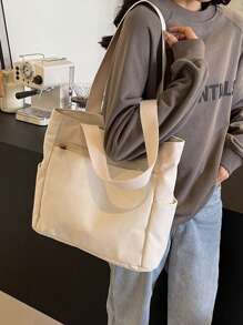 1入流行極簡帆布女式手提袋，大容量旅行度假肩袋 - 米色 - 查看 9