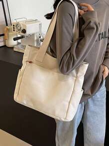 1入流行極簡帆布女式手提袋，大容量旅行度假肩袋 - 米色 - 查看 3