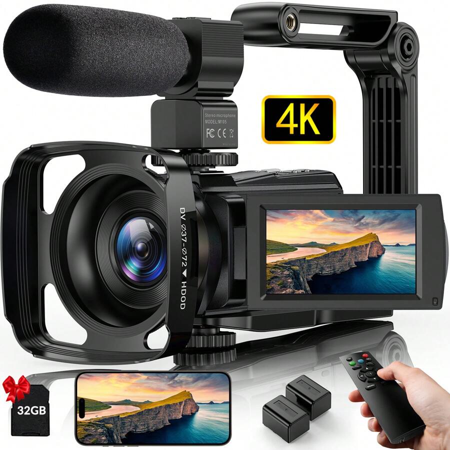 Cámara de video 4K 48.0MP, cámara fotográfica, pantalla IPS de 3.0", táctil capacitiva, rotación de 270°, transferencia WiFi, zoom digital 16X, grabador de video, con luz de relleno, micrófono, control remoto, 2 baterías, tarjeta SD de 32GB