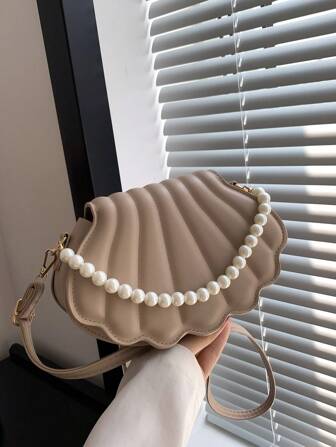 HELLO WEEKEND 1入組珍珠鏈繡PU材質手提翻蓋時尚手袋，適用於女士日常使用