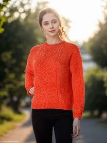 Suéter Jersey Tacto Felpa Unicolor Tejido Cuello Redondo - Naranja - Ver 1