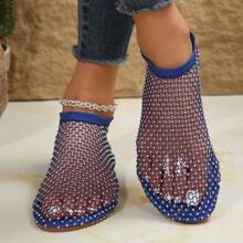 Women's Rhinestone Pattern Sandals, Soft Bottom Hollow Out Sandals, Shiny Beach Shoes, Lightweight Sexy Women Shoes, Women's Rhinestone Decorated Flat Sandals - Blue - View 1