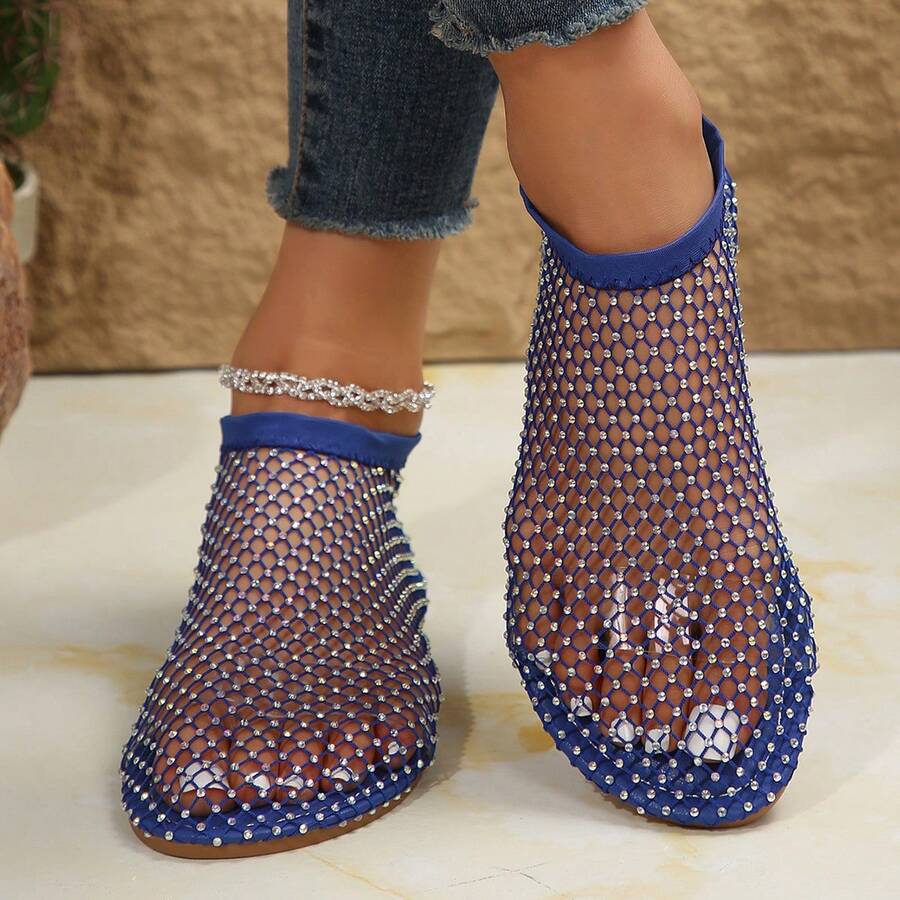 Women's Rhinestone Pattern Sandals, Soft Bottom Hollow Out Sandals, Shiny Beach Shoes, Lightweight Sexy Women Shoes, Women's Rhinestone Decorated Flat Sandals - Blue - View 1