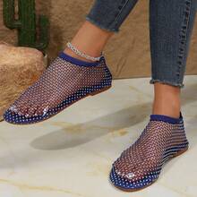 Women's Rhinestone Pattern Sandals, Soft Bottom Hollow Out Sandals, Shiny Beach Shoes, Lightweight Sexy Women Shoes, Women's Rhinestone Decorated Flat Sandals - Blue - View 2