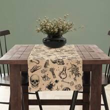 1pc Halloween & Day Of The Dead Table Runner, Linen, 13x72 Inches, Suitable For Farmhouse, Indoor, Kitchen, Anniversary, Table Decoration, Home Goods, Party Decor,Halloween Decor,Home Decor Halloween Party - Multicolor - View 6