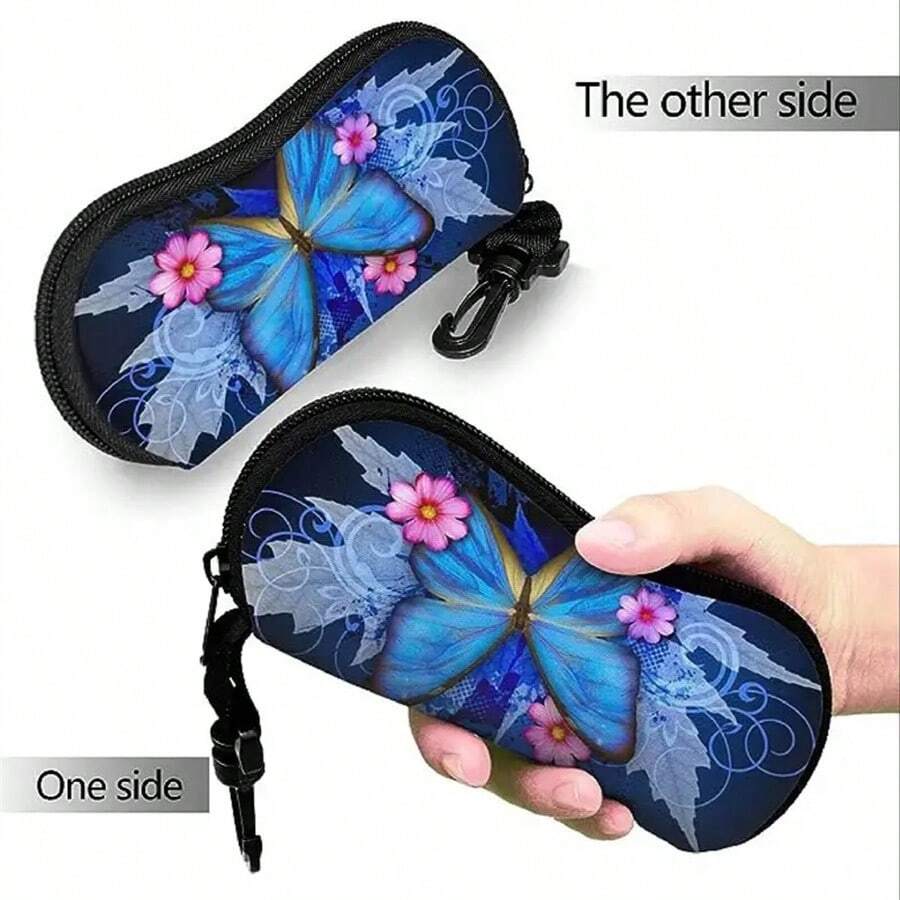藍色蝴蝶印花眼鏡盒，時尚通用太陽眼鏡和讀書眼鏡盒套，便攜式眼鏡收納盒 - 彩色 - 查看 1