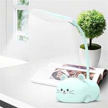 Lámpara de mesa LED linda con diseño de gato animado - Ajustable, luz nocturna recargable USB con luz blanca cálida segura para los ojos - Azul - Ver 6