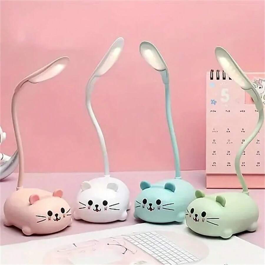 Lámpara de mesa LED linda con diseño de gato animado - Ajustable, luz nocturna recargable USB con luz blanca cálida segura para los ojos - Azul - Ver 1